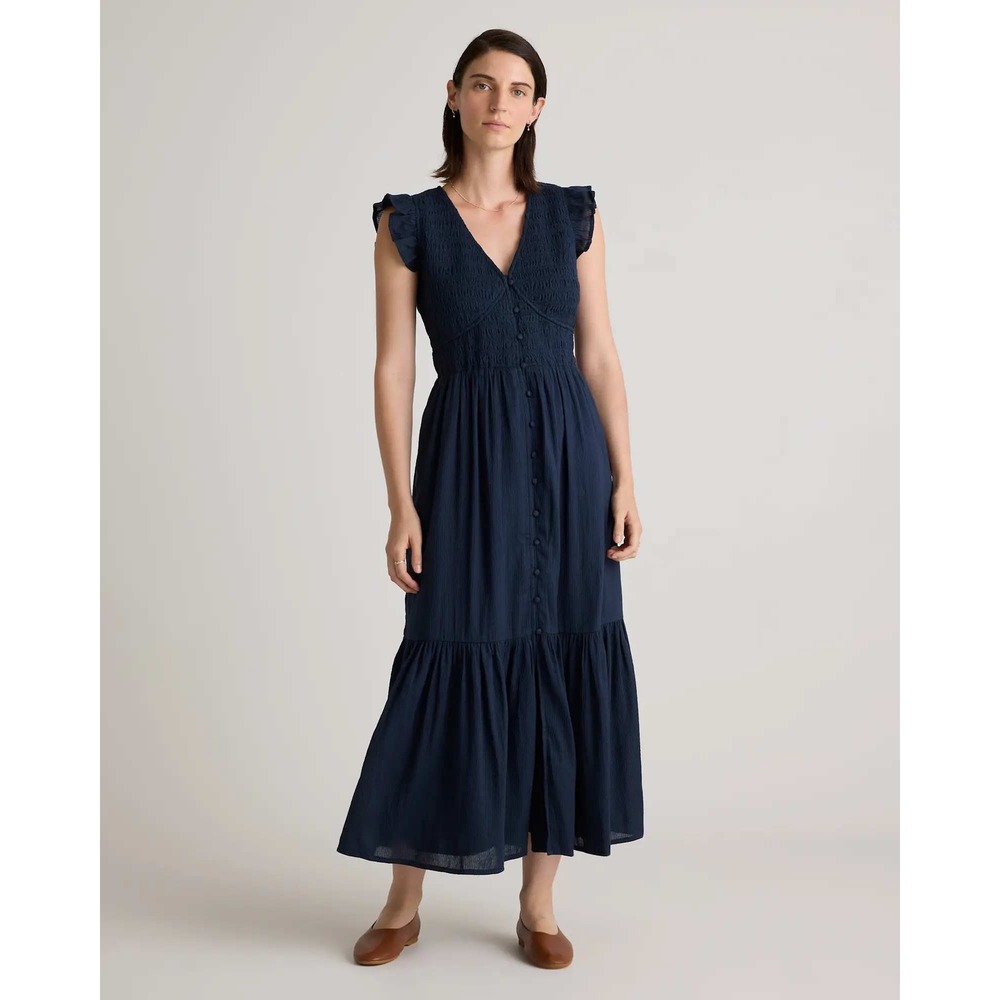 Quince Organic Textured Cotton Smocked Midi Dress Navy Blue Small NWT